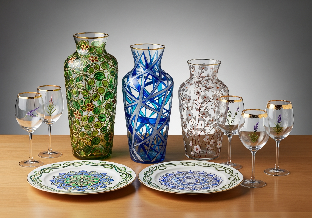 Коллекция расписных стеклянных изделий: вазы, тарелки, бокалы с ботаническими узорами