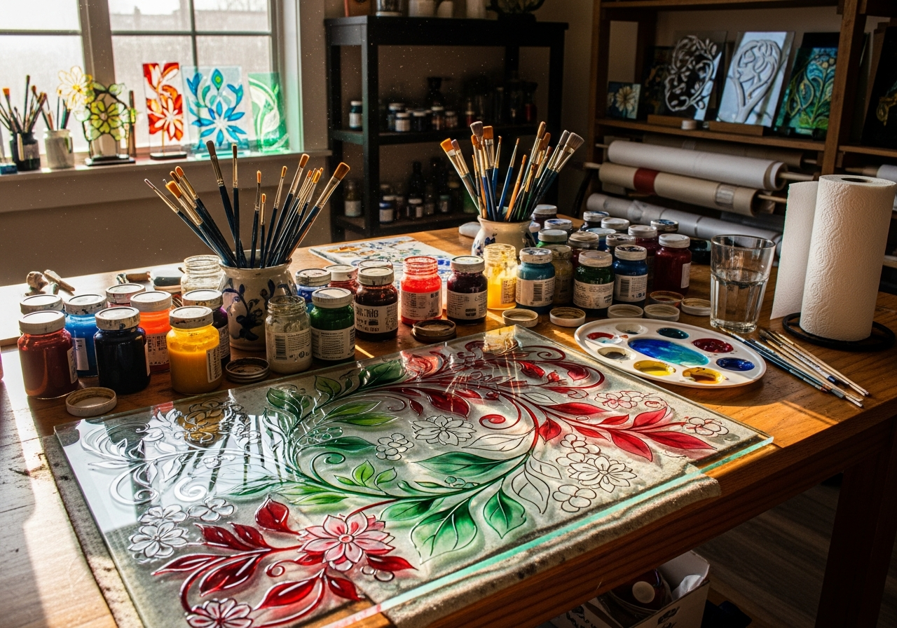 Материалы и инструменты для росписи по стеклу: краски, кисти, расписная поверхность